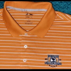 2010 US OPEN PEBBLE BEACH POLO SHIRT MENS LARGE ADIDAS CLIMALITE ORANGE WHITE